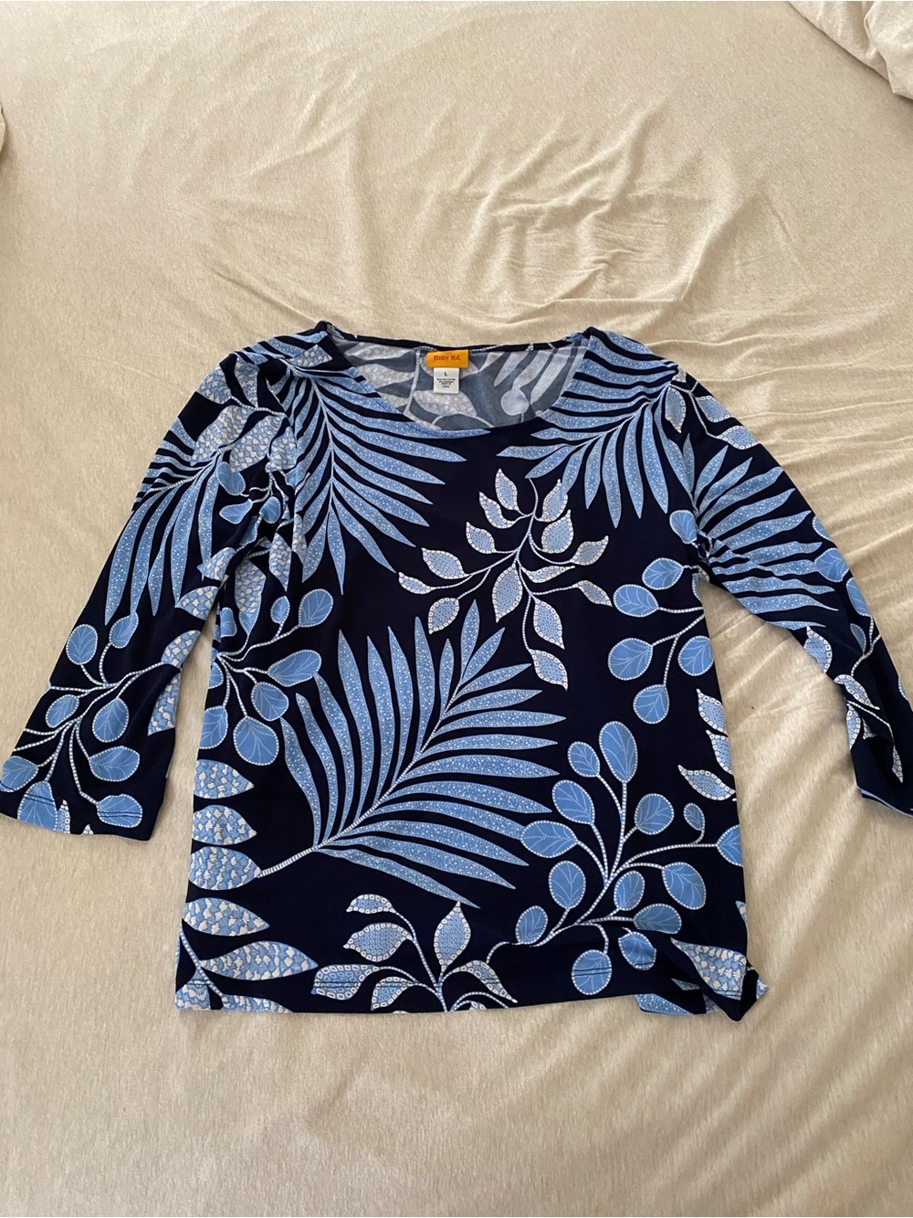 Ruby Rd. Navy and Light Blue Floral-Leaf Scoop Neck Top